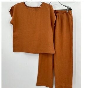 Quince Terracotta Linen Pajama Set Short Sleeve Shirt and Pants sz M Women's PO*